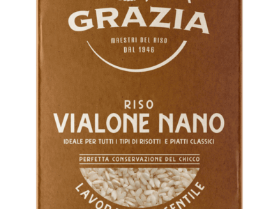 confezione di riso vialone nano Riso Gazia in vista frontale, il riso ideale per le mantecature