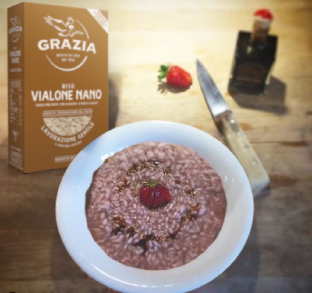 risotto alle fragole e aceto balsamico preparato con vialone nano riso grazia